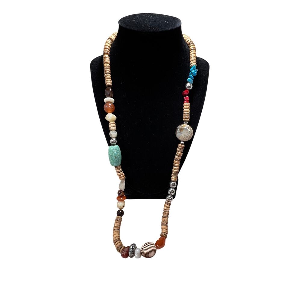 Boho Long Beaded Necklace Turquoise Color Red Brown Disc Beads Statement 28in